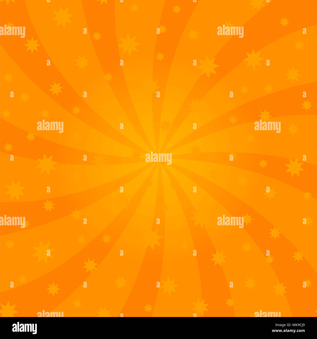 Orange Cartoon Swirl Design. Helix Rotation Rays. Swirling Radial Starry Pattern. Sky with Sun Light Beams. Stock Photo