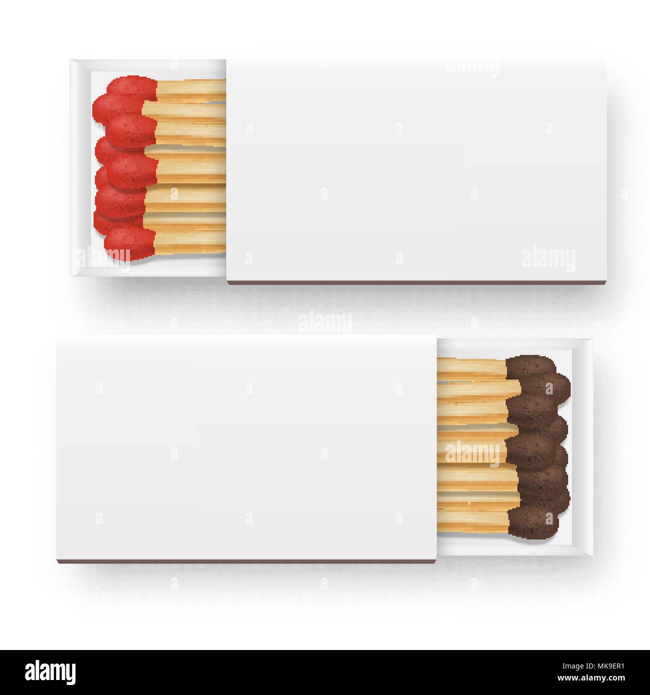 Vector 3d realistic opened blank box of matches icon set, closeup isolated on white background, top view, red and brown heads. Design template, clipart for graphics Stock Vector