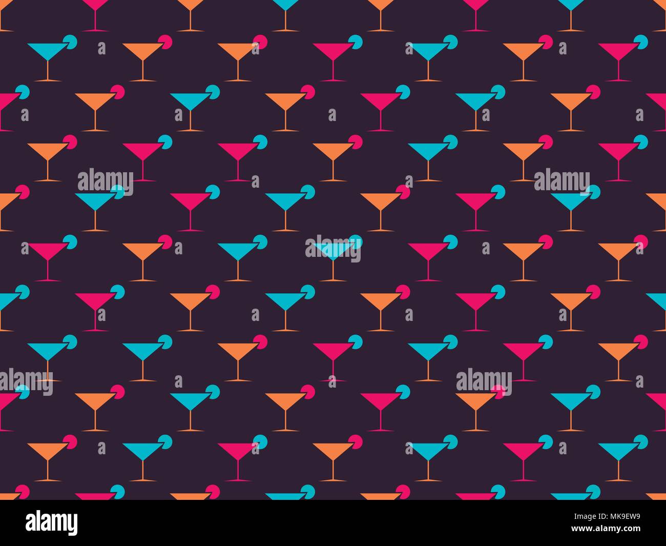 Martini glasses seamless pattern. Multi-colored objects on a dark background. Vector illustration Stock Vector