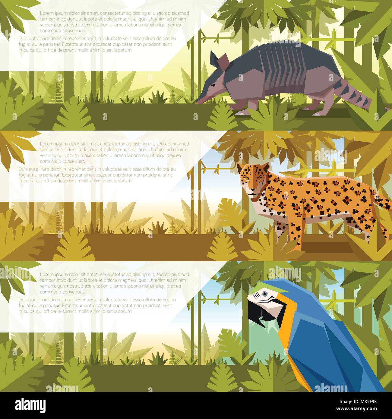 Vector image of the Set of banners with south america animals armadillo, jaguar and macaw Stock Vector
