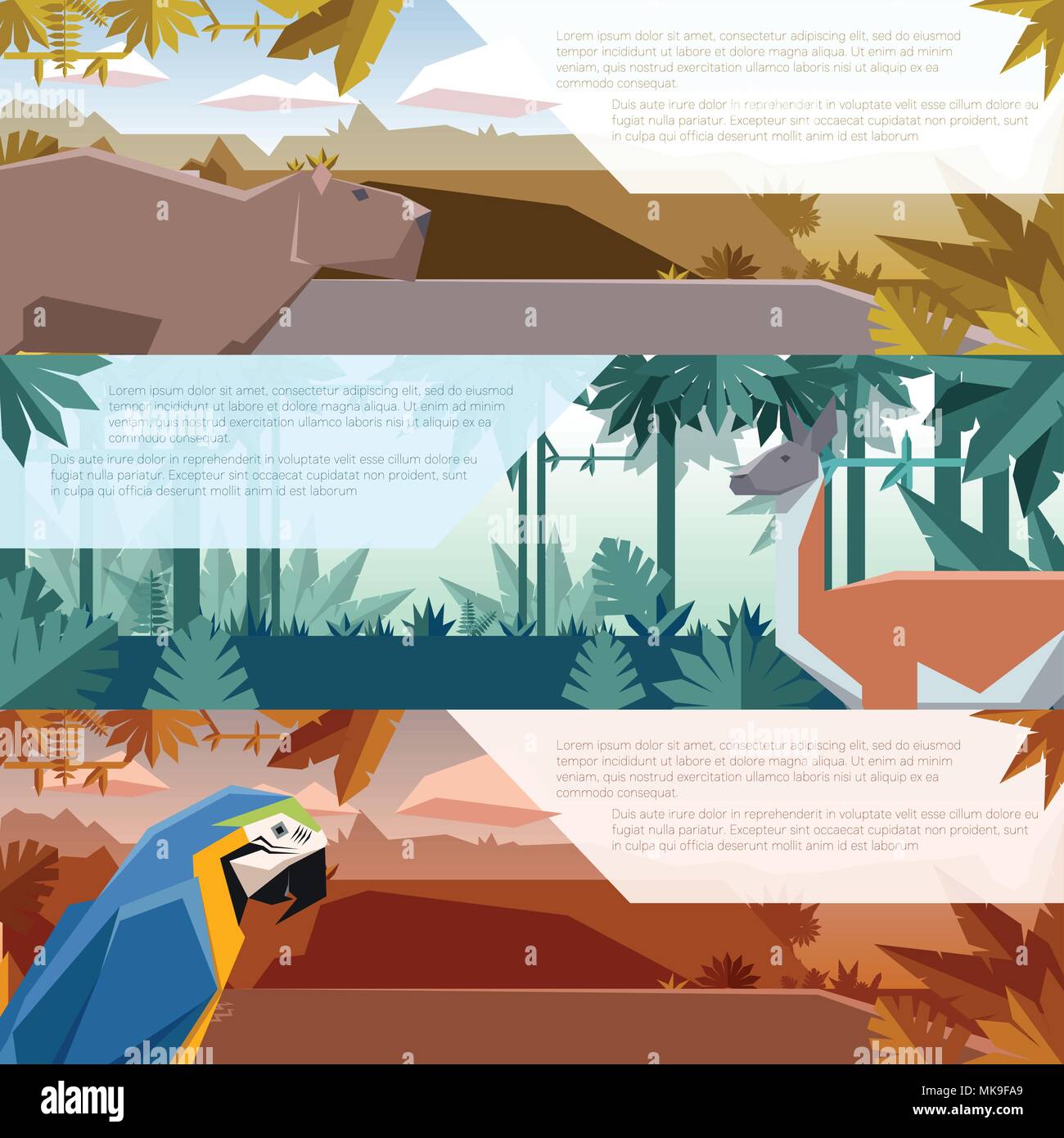 Vector image of the Set of banners with south america animals capybara, guanaco and macaw Stock Vector