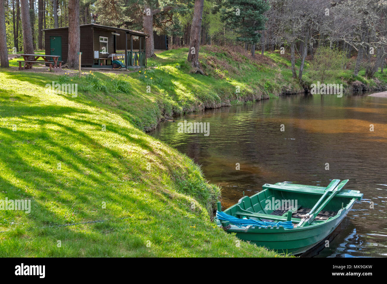 SPEYSIDE WAY RIVER SPEY SCOTLAND AT TAMDHU WITH GREEN FISHING BOAT AND WOODEN HUT IN EARLY SPRING Stock Photo