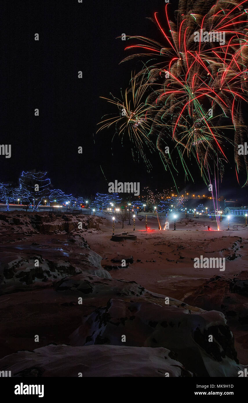 Falls Park in Sioux Falls, South Dakota lights fireworks for New Years