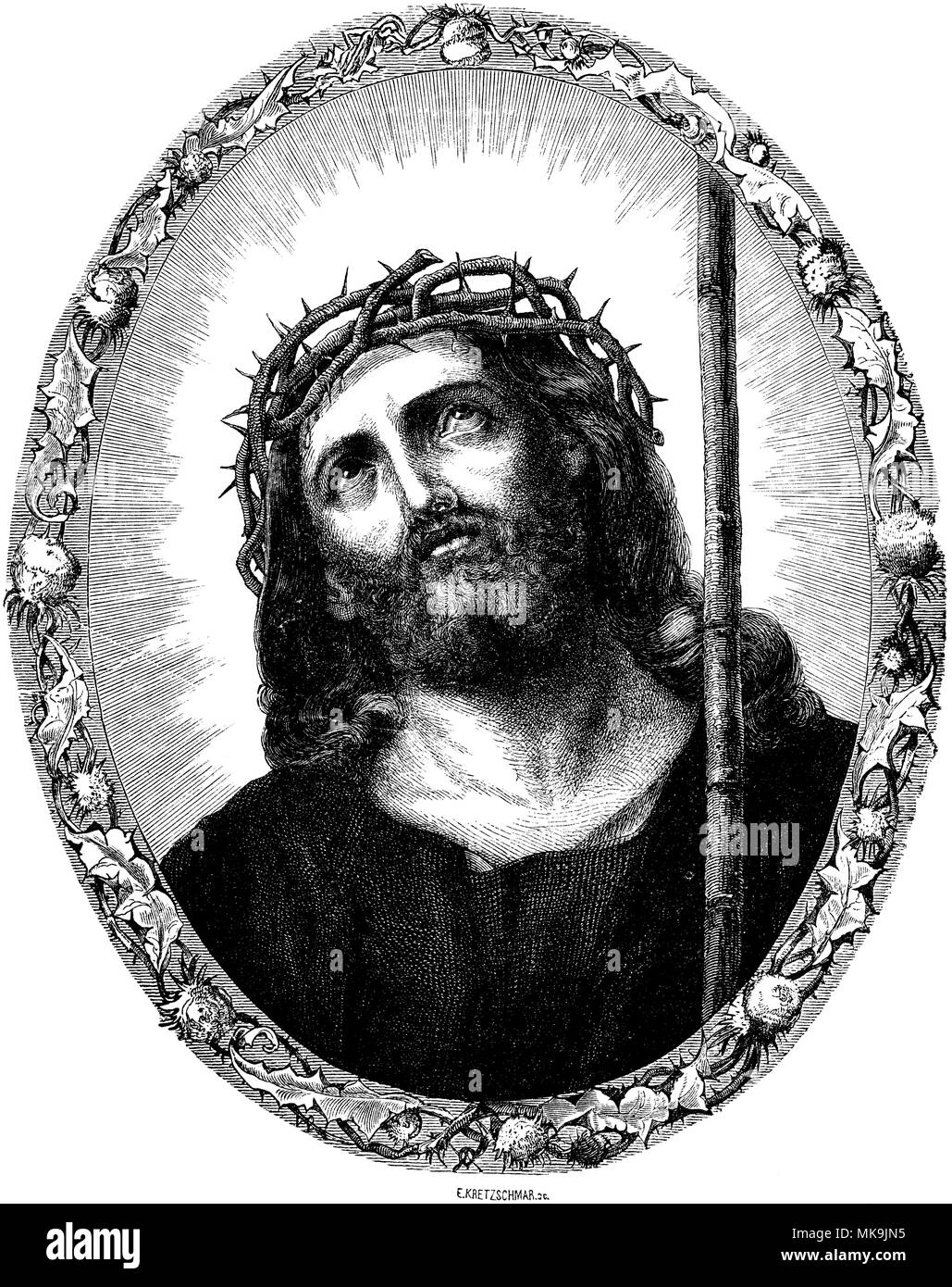 Jesus Christ with crown of thorns as a martyr;Jesus Christus with crown of thorns as a martyr, E. Kretzschmar  1863 Stock Photo