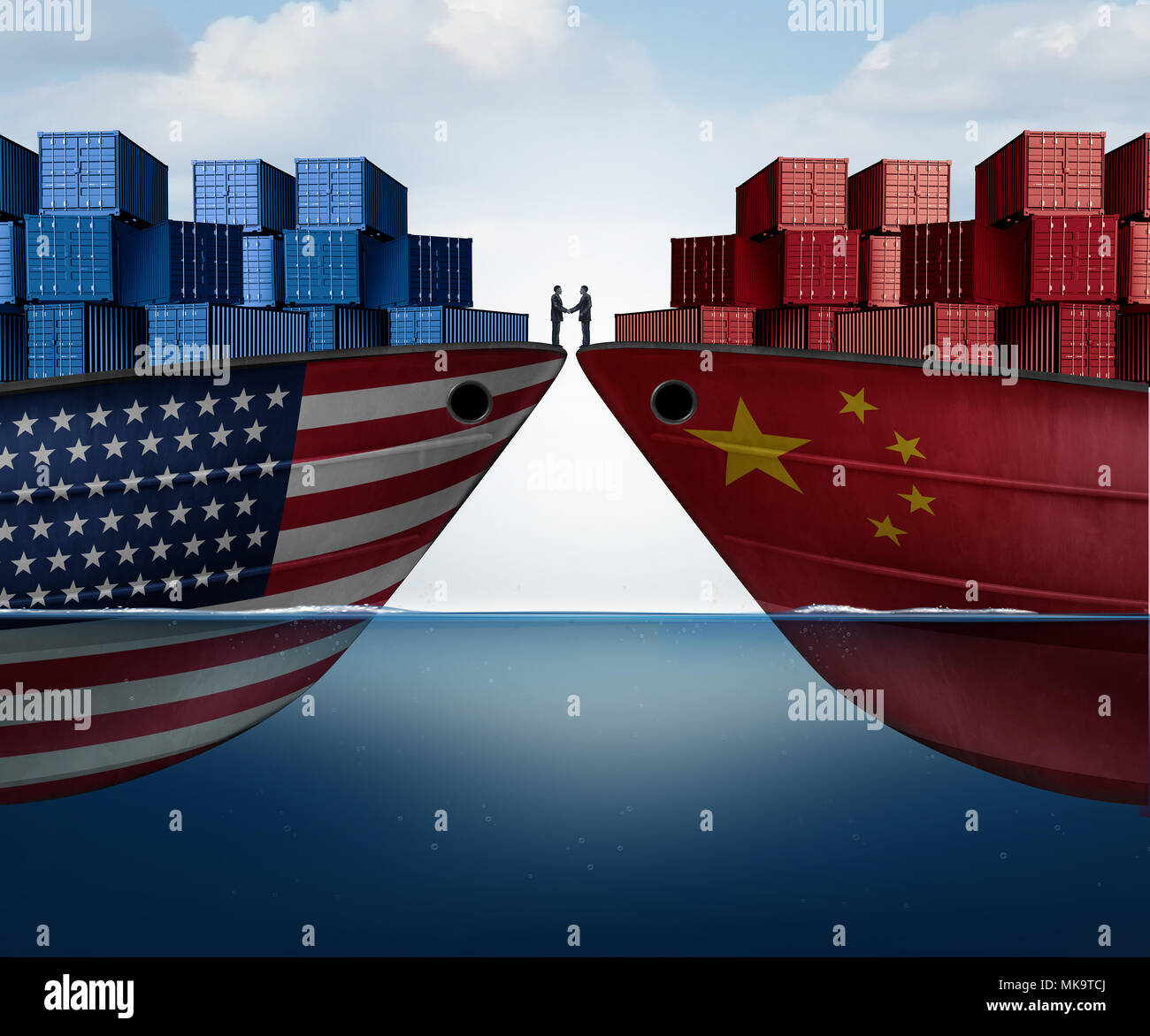 China United States trade agreement and American tariffs as two opposing cargo ships as an economic taxation resolution over import and export Stock Photo