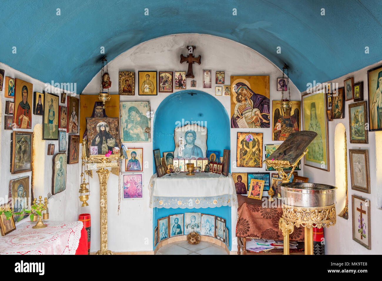 Interior of a small greek orthodox chapel by the sea near Chania in Crete, Greece Stock Photo