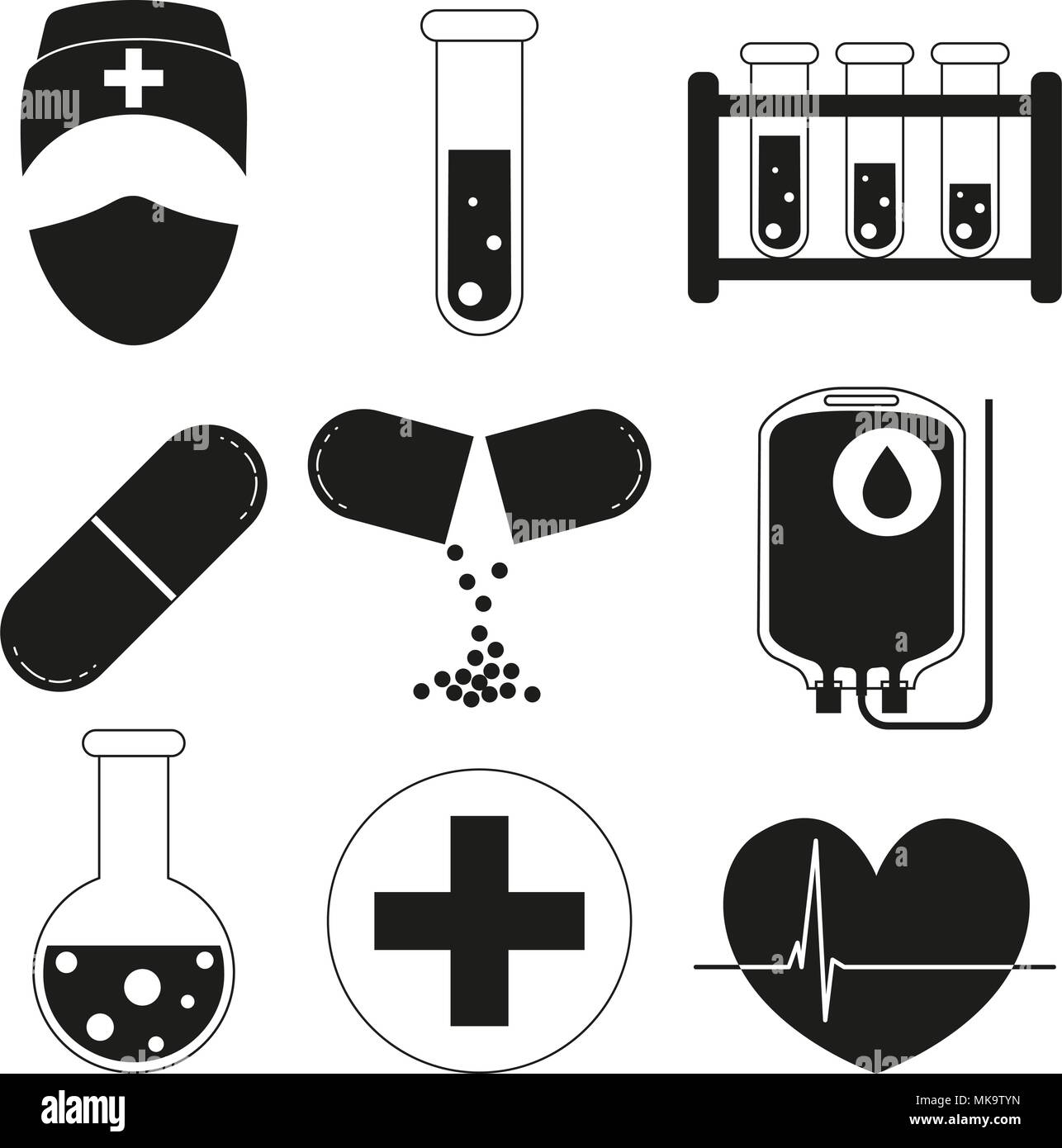 Black and white 9 medical icon silhouette set. Healthcare themed vector ...