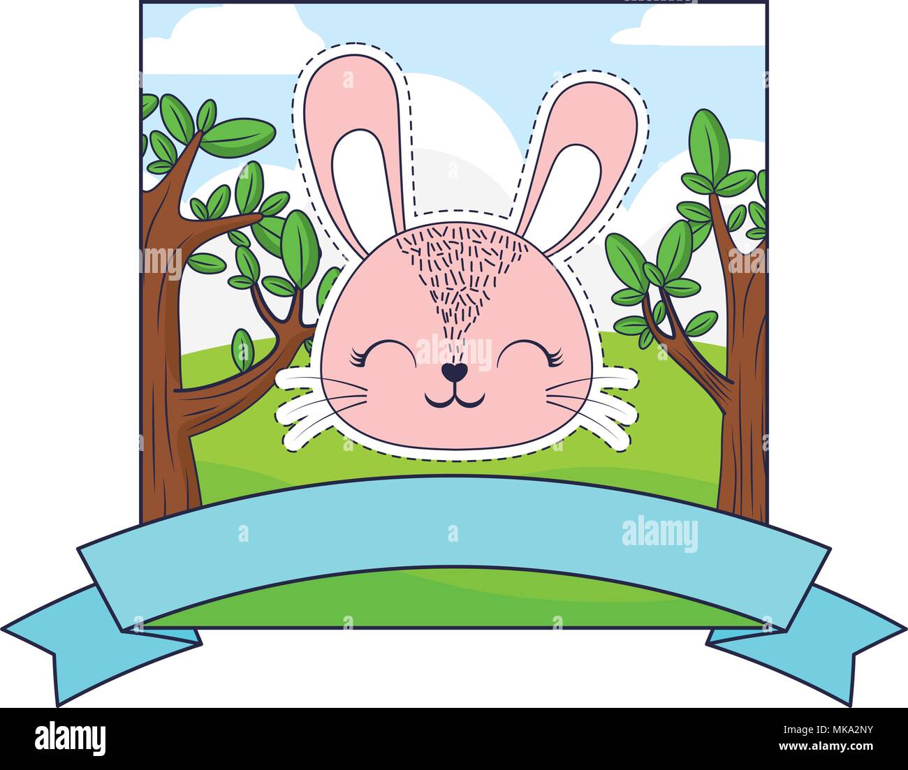 emblem with cute rabbit and decorative ribbon over landscape and white ...