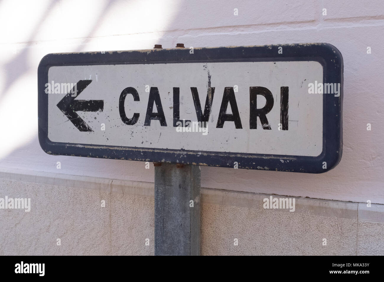 Calvary steps sign in Pollensa town, Mallorca, Spain. Stock Photo