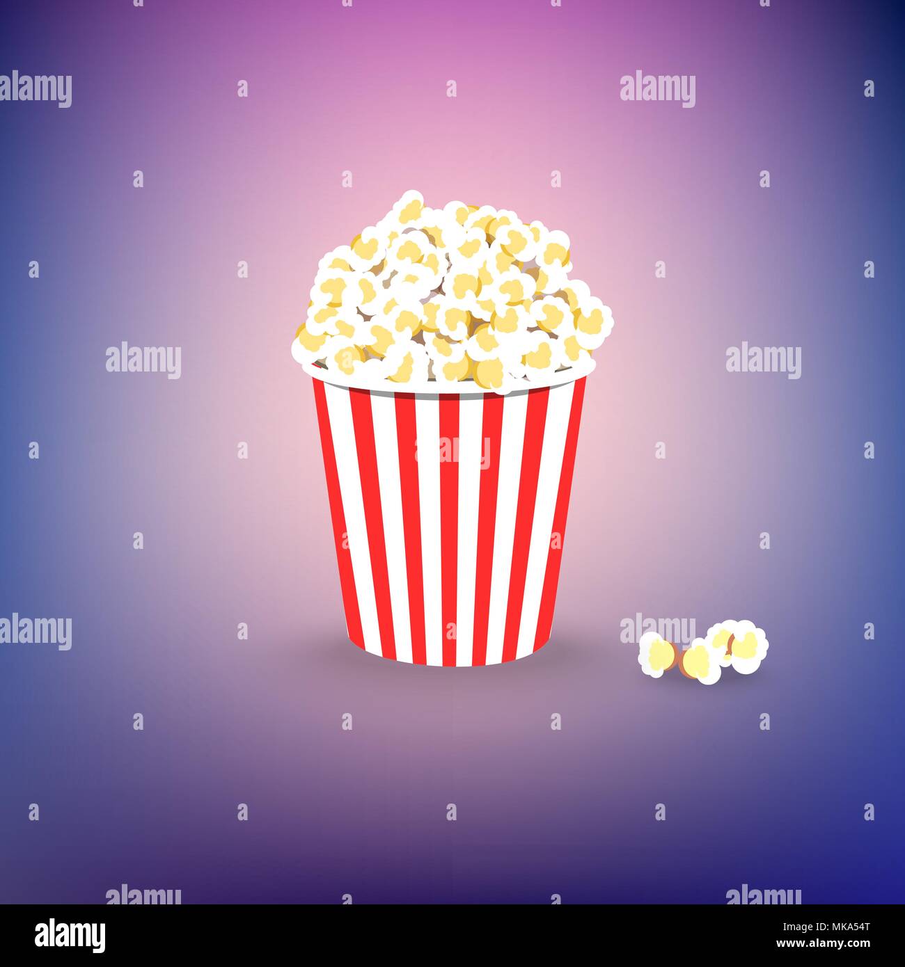 Carton bowl full of popcorn on colorful background. Flat vector