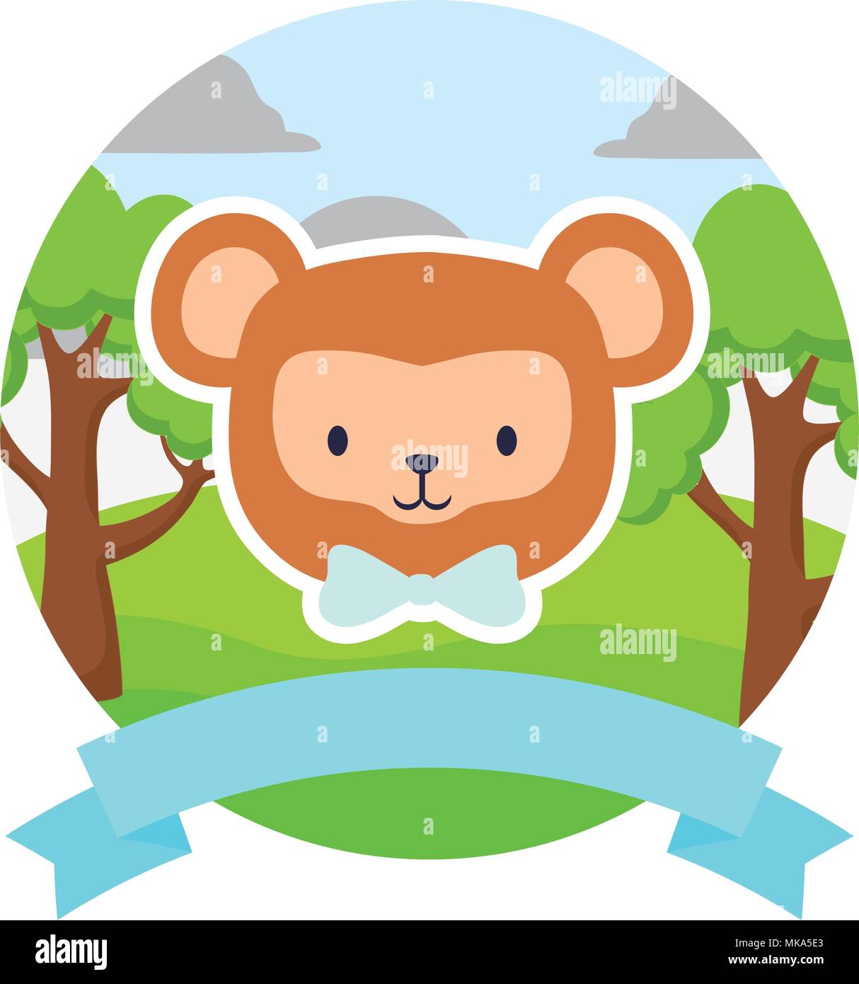 emblem with cute monkey and decorative ribbon over landscape and white ...