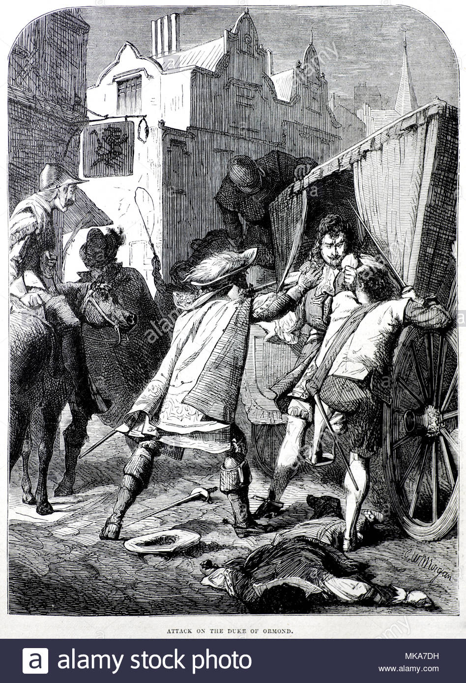 Attack on James Butler, 1st Duke of Ormond, 1610 – 1688, on 6th December 1670 by James Blood and his accomplaces, antique illustration from circa 1880 Stock Photo