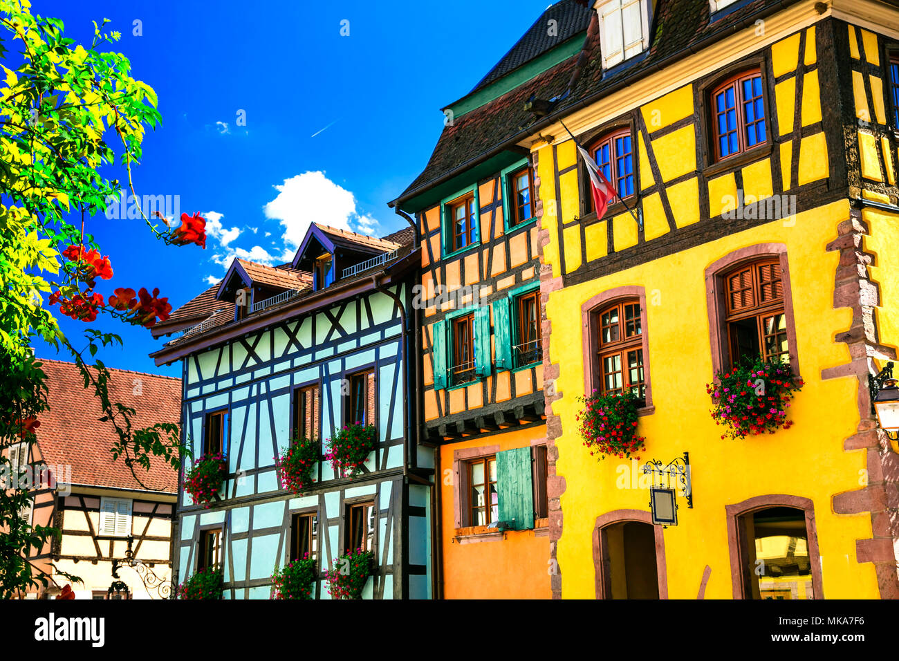 Traditional colorful houses in Riquewihr village,Alsace,France. Stock Photo