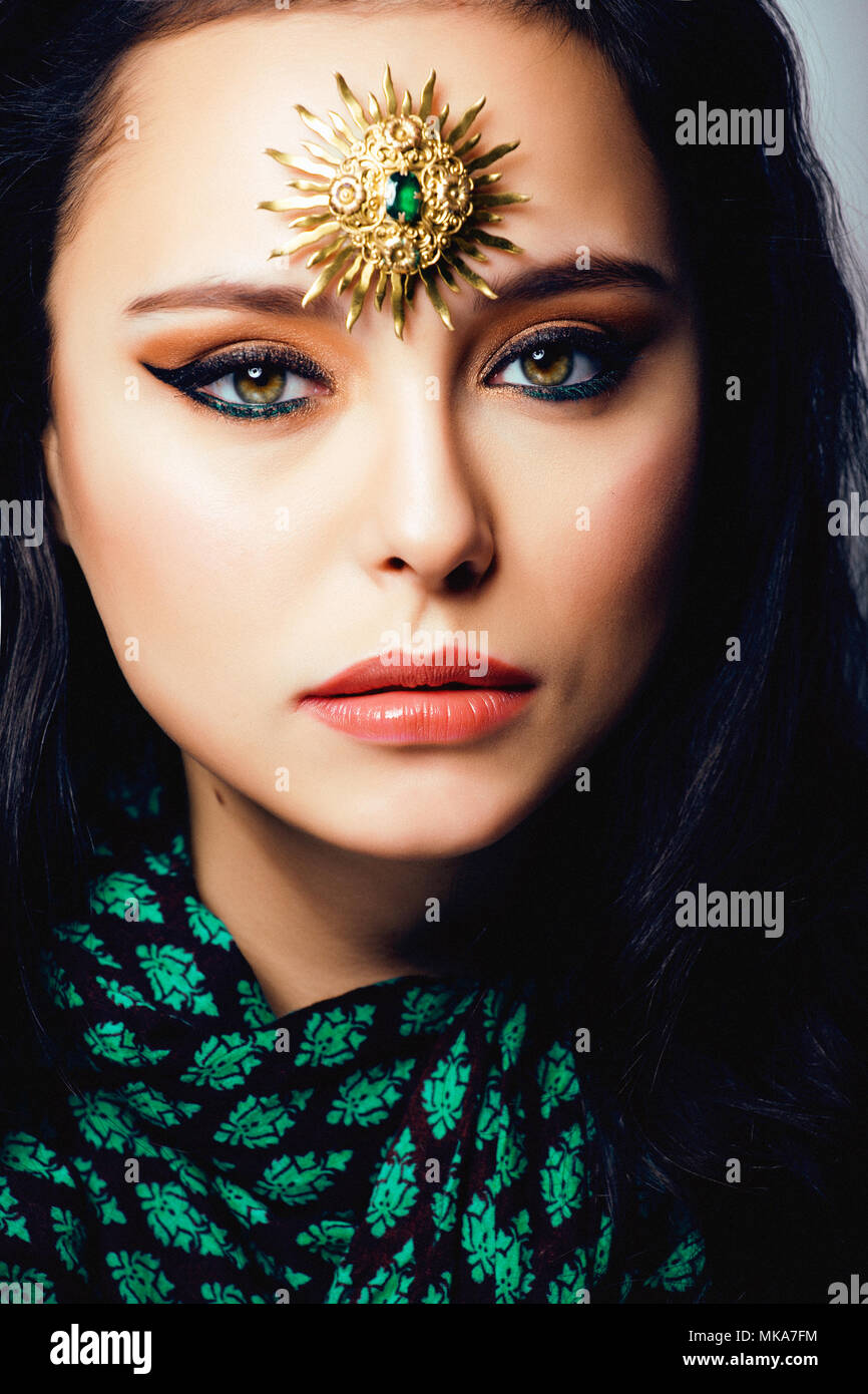 beauty eastern real muslim woman with jewelry close up, bride wi Stock 