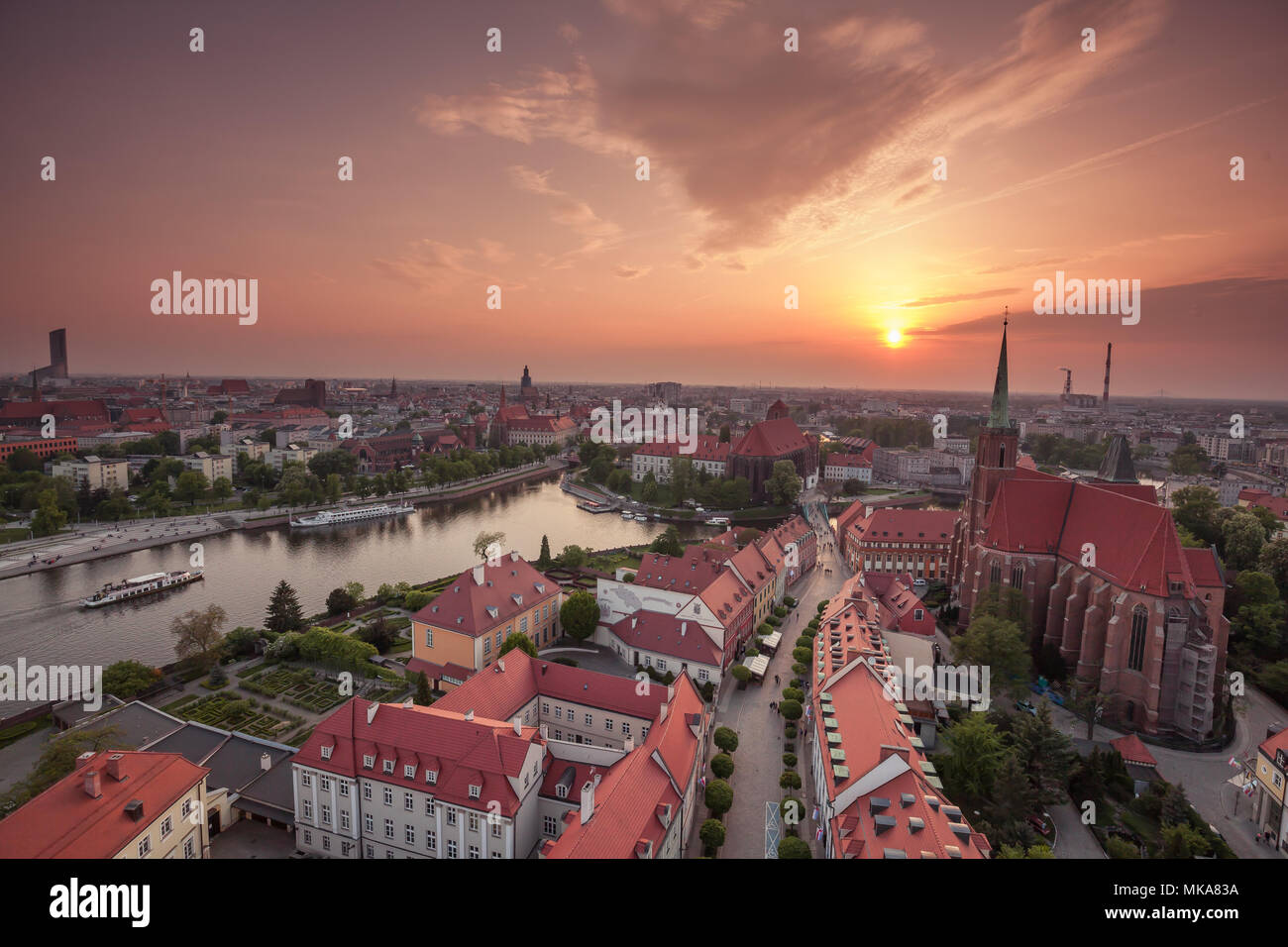 Wroclaw city in Poland aerial view at night Stock Photo
