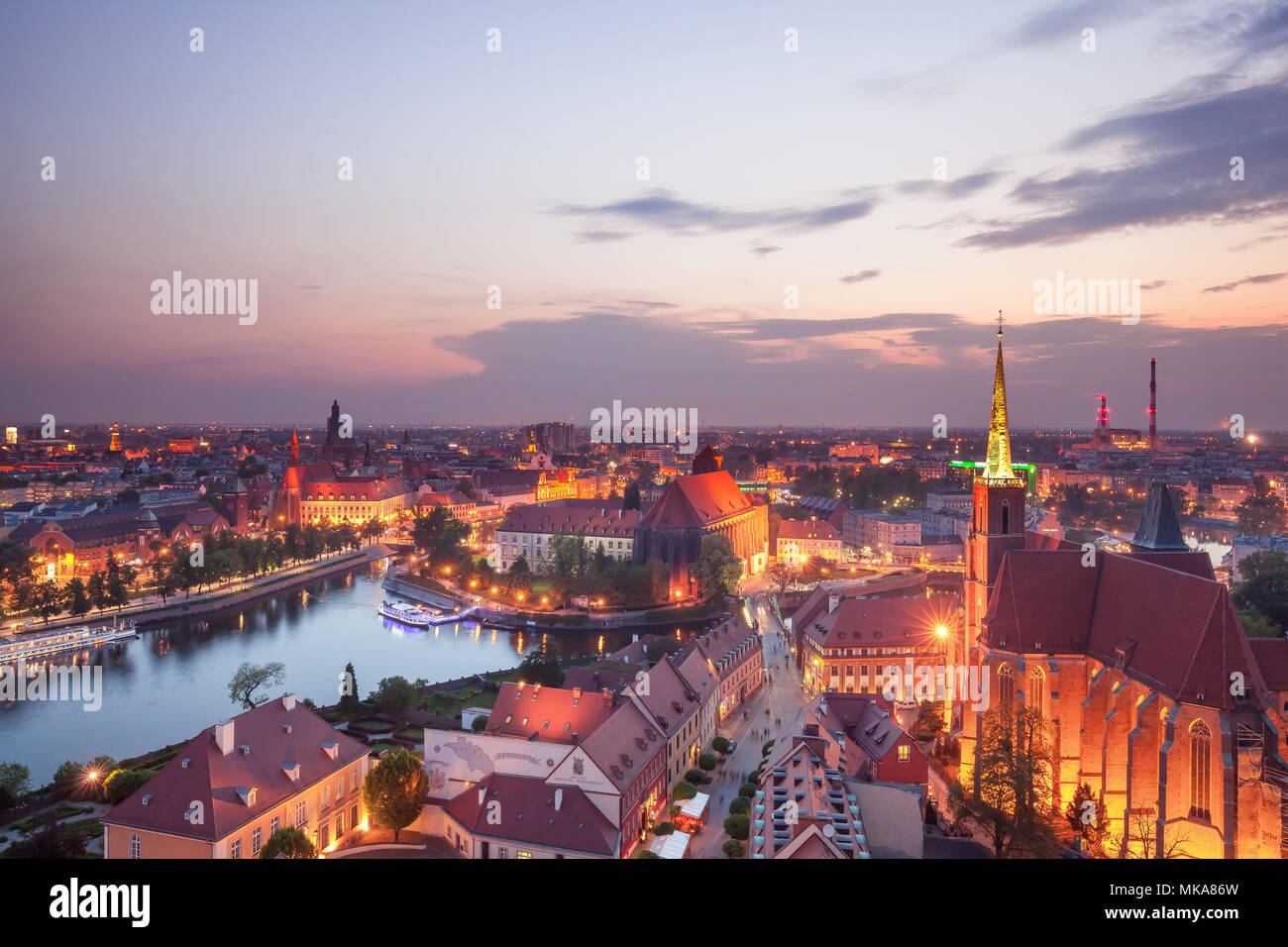 Wroclaw city in Poland aerial view at night Stock Photo