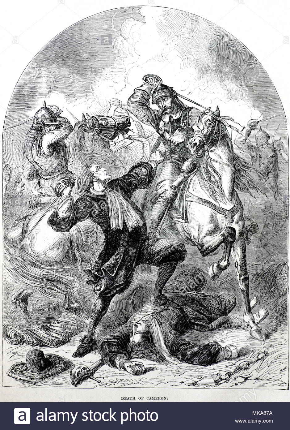Death of Richard Cameron of Huddersfield,1648 – 1680, who was a leader of the Covenanters who resisted attempts by the Stuart monarchs to control the affairs of the Church of Scotland, a battle on 22nd July 1680 at Airds Moss Ayrshire between Cameron and his Hill Men, with government dragoons commanded by Andrew Bruce of Earlshall, also known as Bluidy Bruce, vintage illustration from circa 1880 Stock Photo