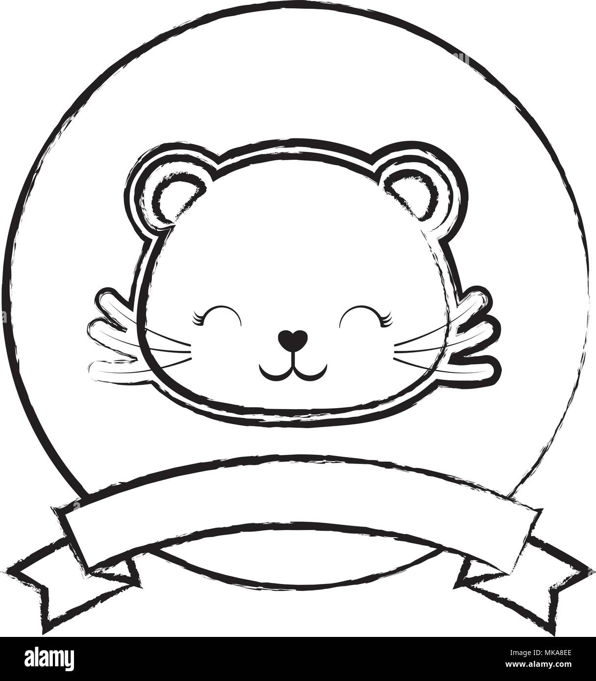 emblem with cute cat and decorative ribbon over white background ...