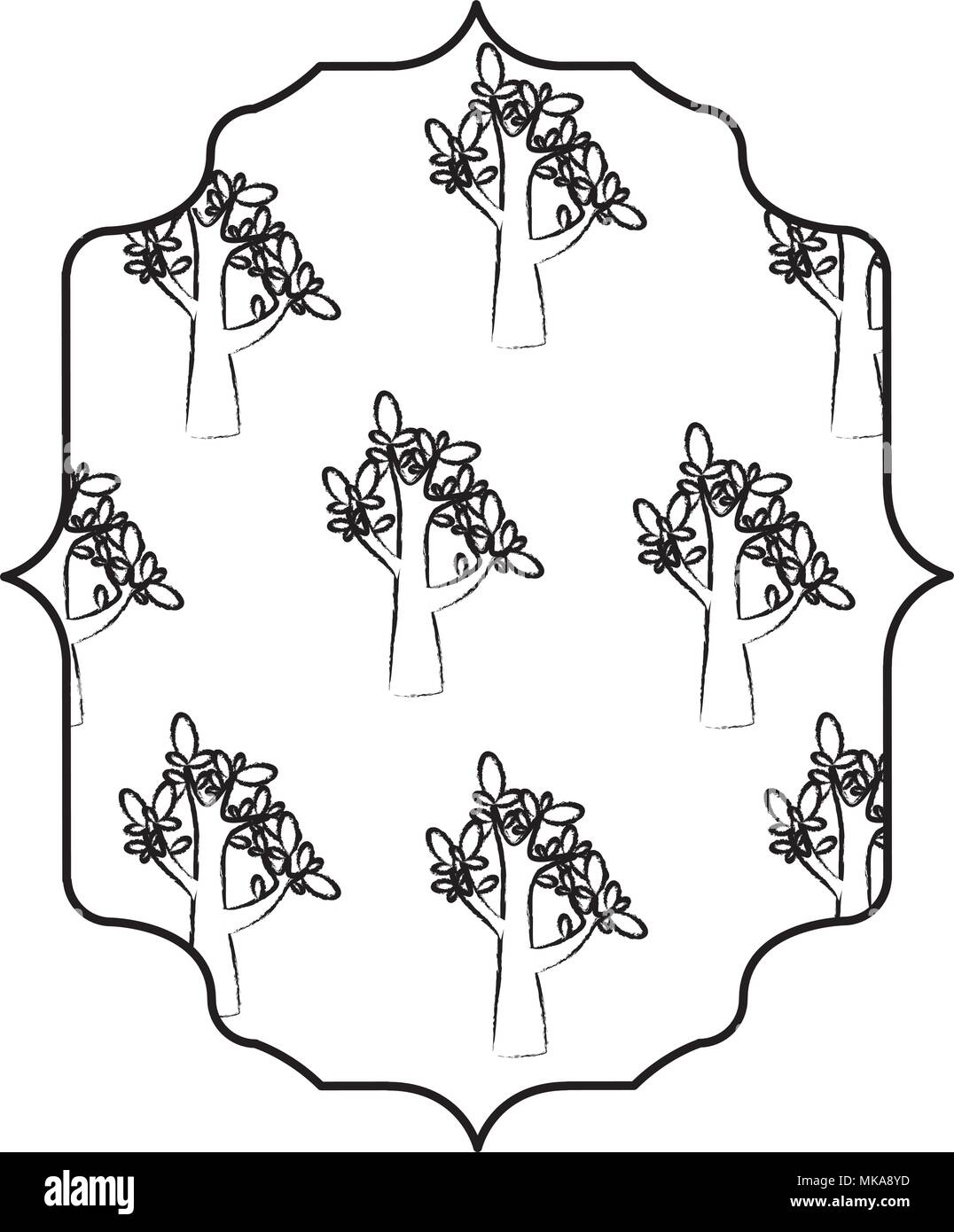 sketch of arabic frame with trees design over white background, vector ...