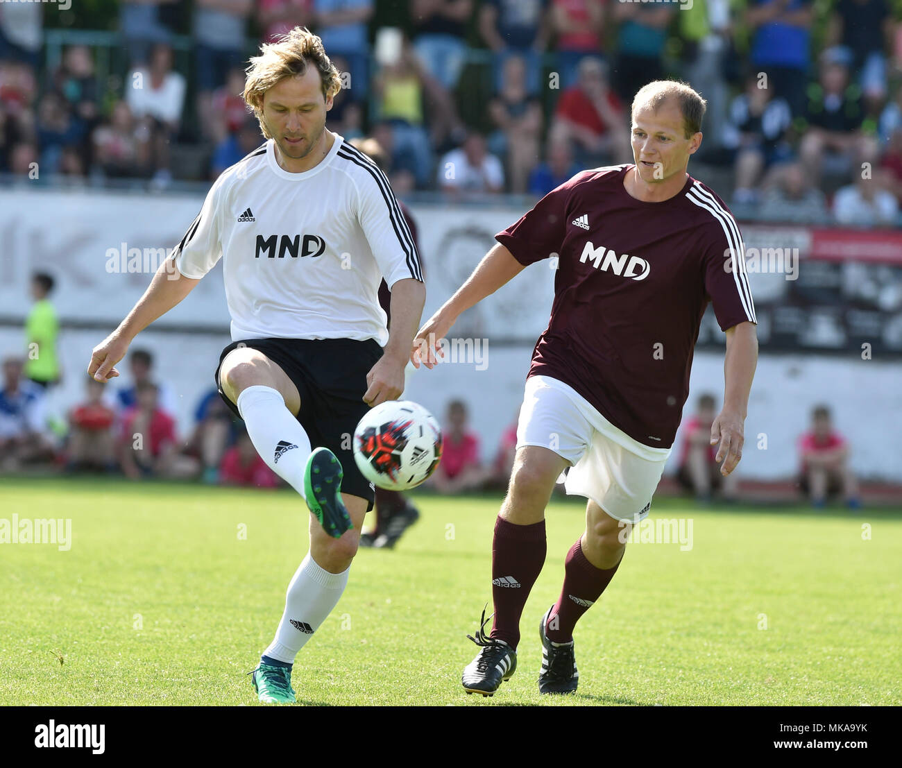 Hodonin, Czech Republic. 05th May, 2018. Former Czech soccer player Pavel Nedved, left, in action during the benefit match FK Hodonin vs second placed team of the European football championship 1996 prior to 100 years of Hodonin football events in Hodonin, Czech Republic, May 5, 2018. Credit: Dalibor Gluck/CTK Photo/Alamy Live News Stock Photo