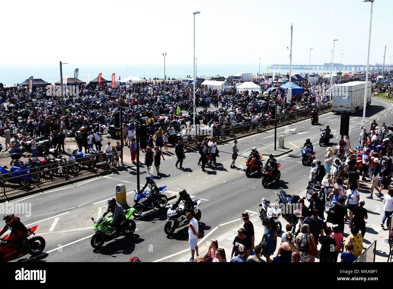 Hastings. 7th May 2018. UK weather. Bikers from around the country gather for their annual Bike1066 festival. The festival has been running since 1979. Credit: Ed Brown/Alamy Live News Stock Photo