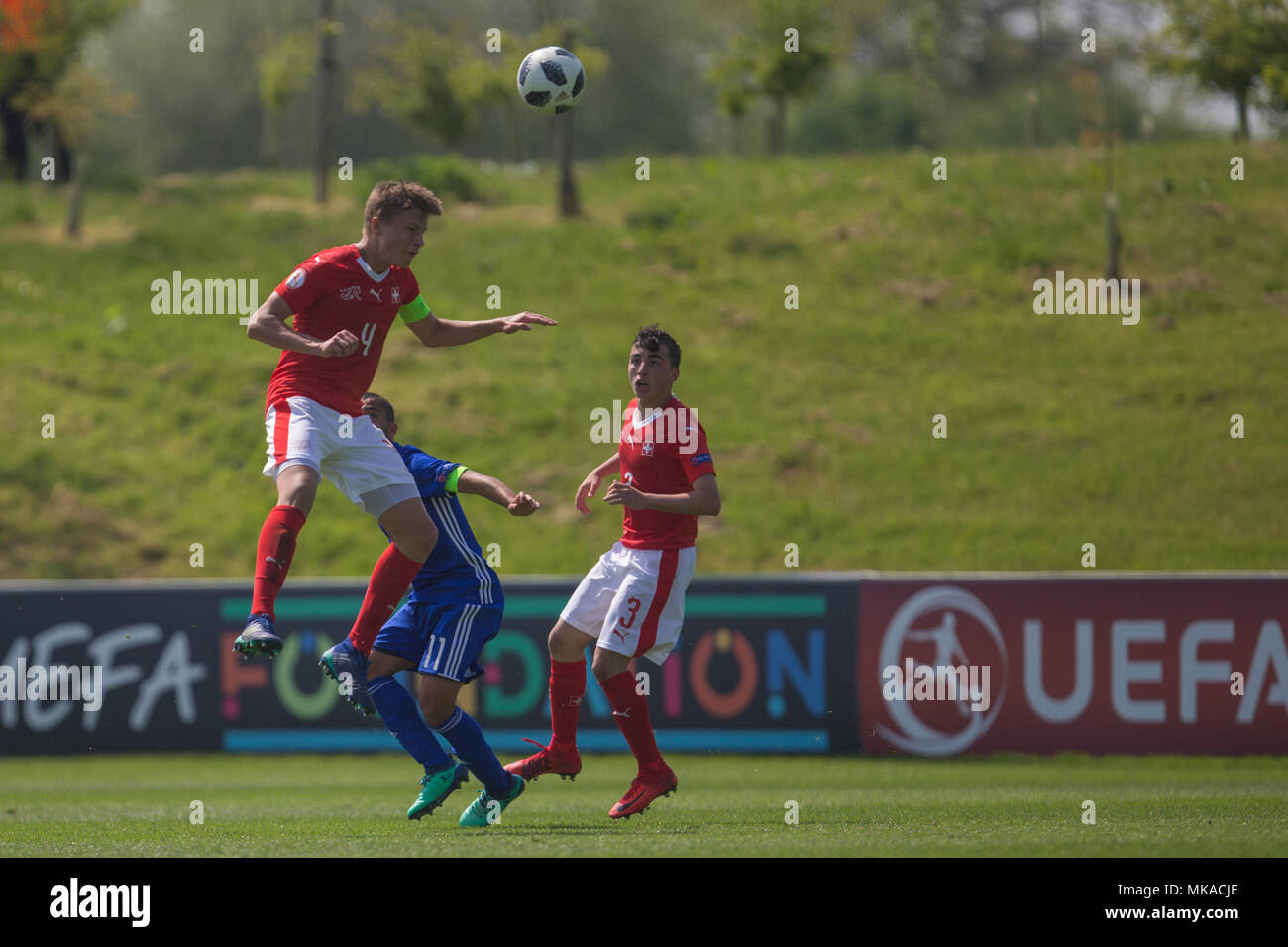 Ilan Sauter (Switzerland) head clear during the 2018 UEFA European Under-17 Championship Group A match between Switzerland and Israel at St George's Park on May 7th 2018 in Burton upon Trent, England. (Photo by Richard Burley/phcimages.com) Stock Photo