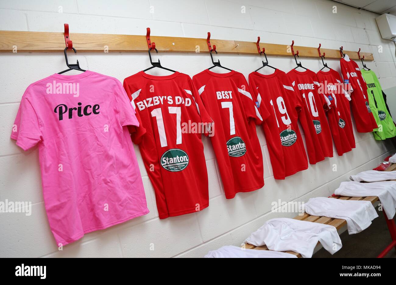 Crawley, Sussex UK 7th May 2018 -  Katie Price's T shirt seen before a Celebrity Football Match at Crawley Town Football Club. The money raised will go to Buzby 4 who has quadriplegic cerebral palsy and needs surgery to help make him walk unaided. Credit: James Boardman/Alamy Live News Stock Photo