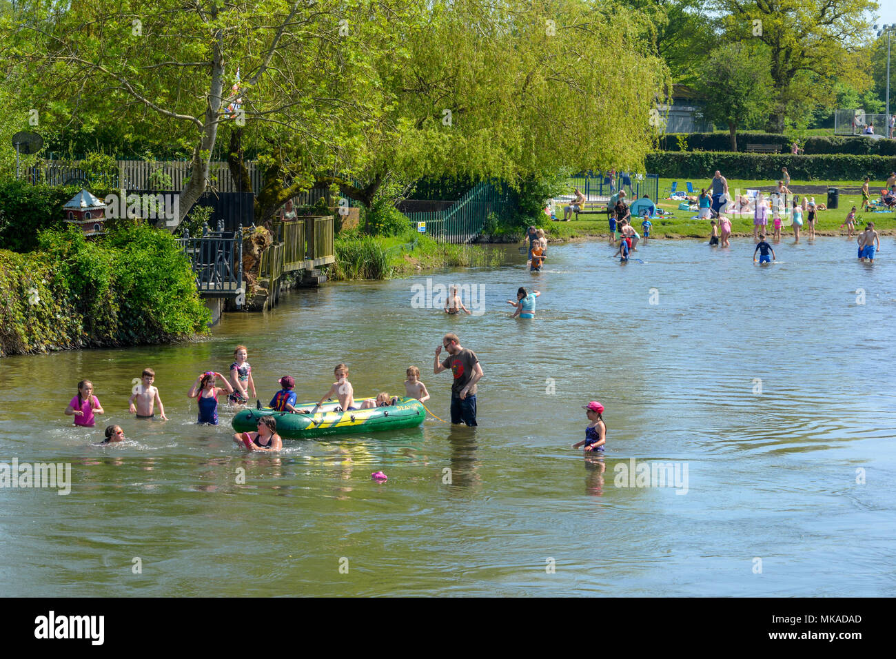 Families enjoying a bank holiday heatwave on the riverbank and cooling off in the water of the River Avon in Fordingbridge, Hampshire, UK, May 2018. A hot, sunny day with temperature records day being broken across southern England. Stock Photo