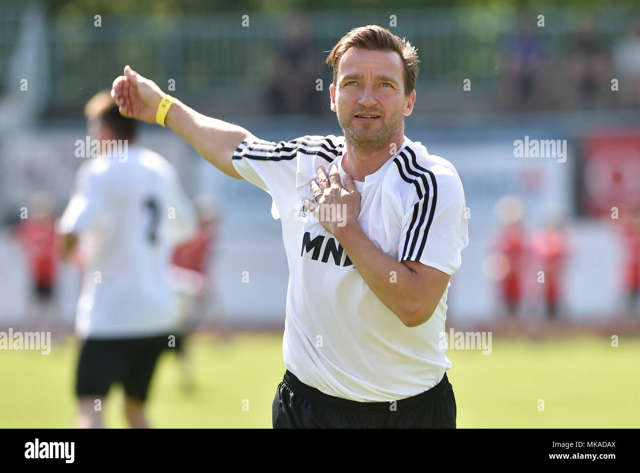 Hodonin, Czech Republic. 05th May, 2018. Former Czech soccer player Vladimir Smicer in action during the benefit match FK Hodonin vs second placed team of the European football championship 1996 prior to 100 years of Hodonin football events in Hodonin, Czech Republic, May 5, 2018. Credit: Dalibor Gluck/CTK Photo/Alamy Live News Stock Photo