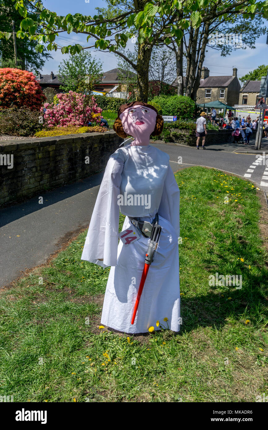 Princess Leia scarecrow at the Meltham scarecrow festival, Meltham, Huddersfield UK. May 7th 2018. Scarecrows displayed at the Meltham 2018 scarecrow festival. Carl Dickinson/Alamy Live News Stock Photo