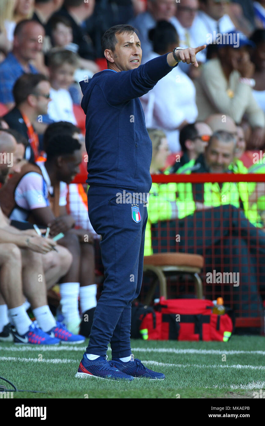 Walsall, UK. 7th May, 2018. Italy Coach Carmine Nunziata during the 2018 UEFA European Under-17 Championship Group A match between England and Italy at Bescot Stadium on May 7th 2018 in Walsall, England. Credit: PHC Images/Alamy Live News Stock Photo