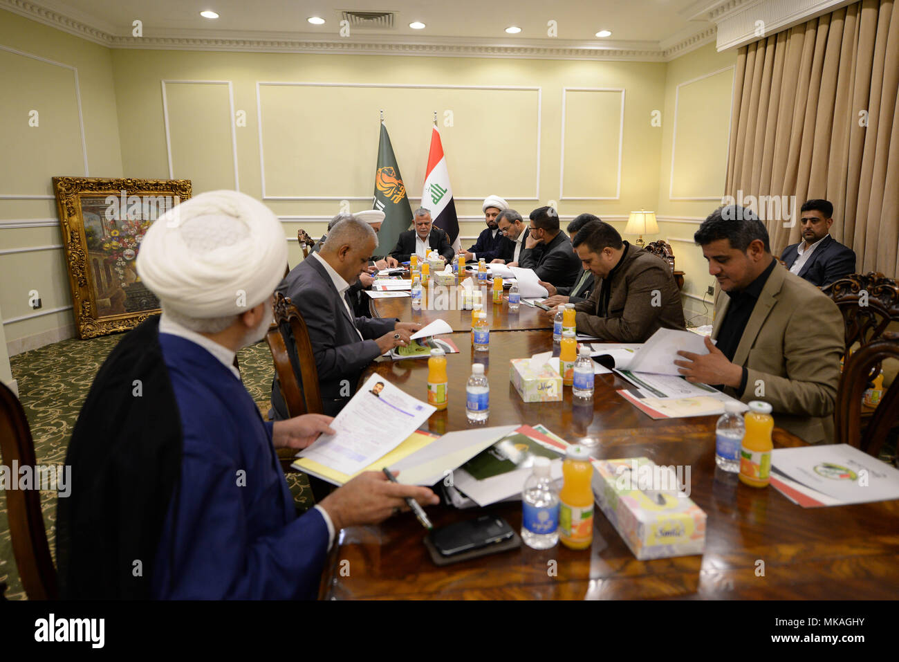 May 6, 2018 - A political meeting takes place to establish the Shia Fatah Alliance, which is political coalition participating in the 2018 Iraqi elections. It is led by the former senior commander of the Hashd al-Shaabi (Popular Mobilisation Forces) and Secretary General of the Badr Organization, Hadi Al- Amiri. The Shia Fatah Alliance is very popular among Iraqi people; it is one the prominent coalition in the elections, and the closest to Iran. The Popular Mobilisation Forces had joined the Iraqi army and played a fundamental role in the fight against the Islamic State. Parliamentary and loc Stock Photo