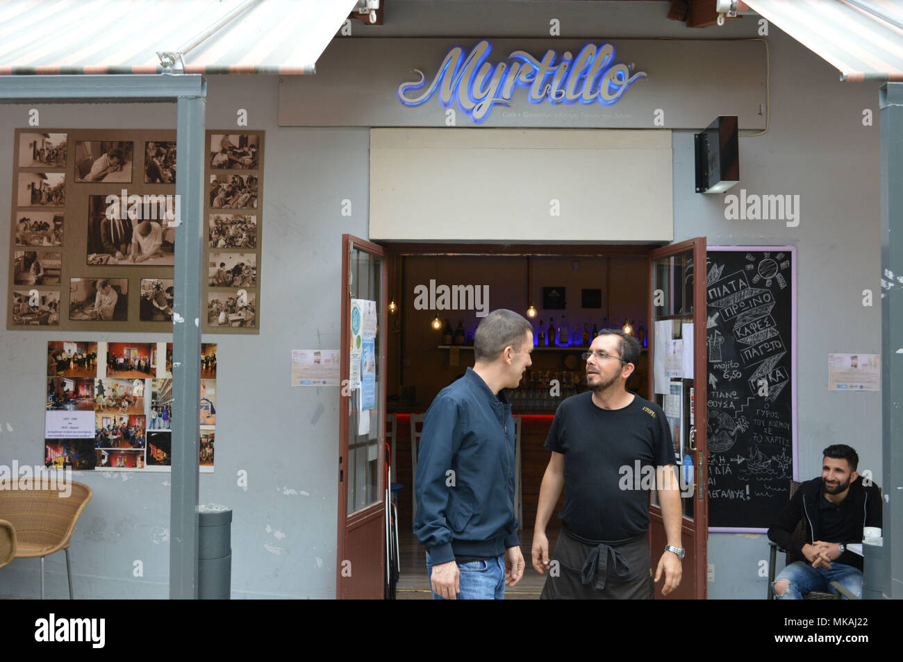 Athens. 6th May, 2018. Photo taken on May 6, 2018 shows the entrance of Myrtillo, a special cafe in the center of Athens, Greece. In the Ambelokipi district in central Athens, there is a special meeting point named Myrtillo -- a cafeteria and arts center which in 2014 received the award for 'Social Enterprise of the Year in Greece.' It is the first Greek business that only employs vulnerable groups and people with disabilities. Credit: Natasha Pavlopoulou/Xinhua/Alamy Live News Stock Photo