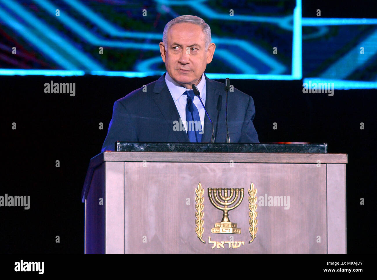 Latrun, Latrun. 7th May, 2018. Israeli Prime Minister Benjamin Netanyahu speaks during the ceremony marking the 70th anniversary of Israel Defense Forces (IDF), in Latrun, on May 7, 2018. Credit: Yossi Zeliger-JINI/Xinhua/Alamy Live News Stock Photo