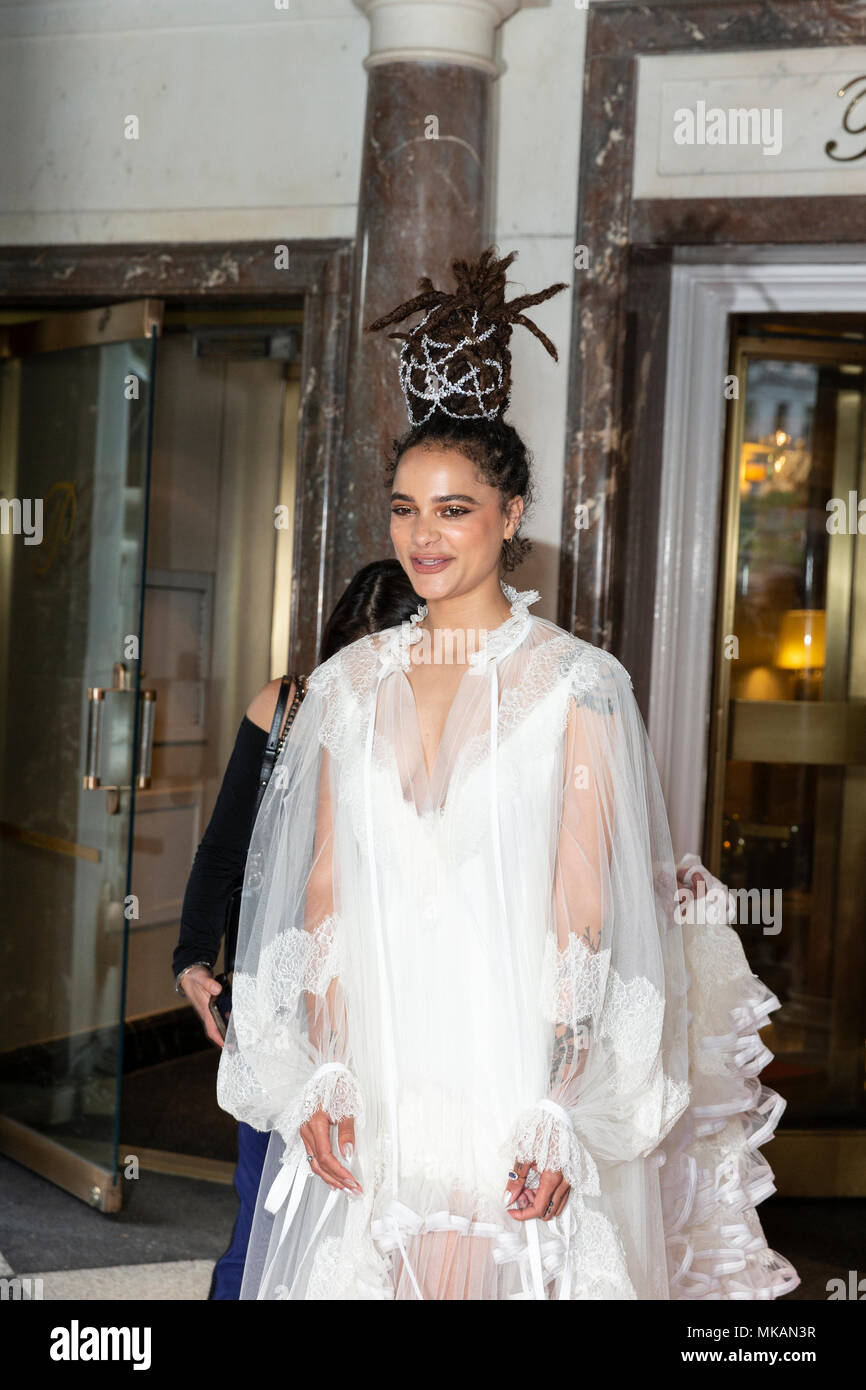 New York, NY - May 7, 2018: Sasha Lane wearing design by Tory Burch leaving  The Pierre Hotel for Heavenly Bodies: Fashion & The Catholic Imagination  Costume Institute Gala at The Metropolitan