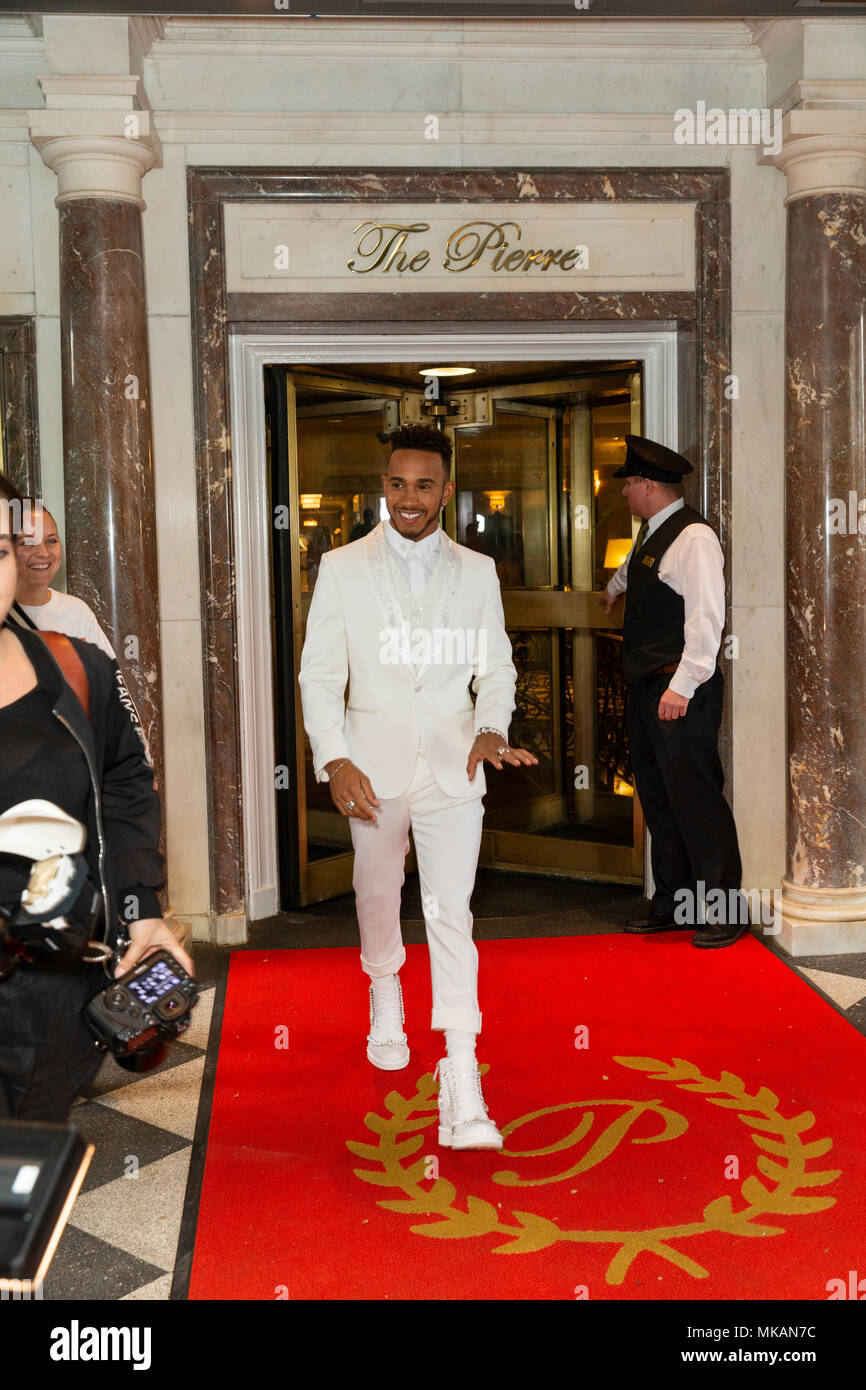 New York, NY - May 7, 2018: Lewis Hamilton wearing design by Tommy Hilfiger  leaving The Pierre Hotel for Heavenly Bodies: Fashion & The Catholic  Imagination Costume Institute Gala at The Metropolitan