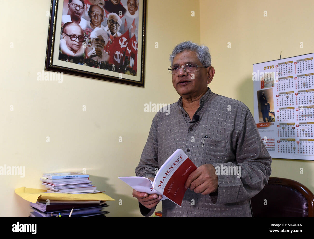 New Delhi. 8th Apr, 2018. Sitaram Yechury, general secretary of the Communist Party of India (Marxists) receives an interview in India's capital New Delhi April 8, 2018. Marxism is a guiding philosophy in any country where struggle is going on against exploitation, and the philosophy continues to be active in India, said Sitaram Yechury in a recent exclusive interview with Xinhua. Credit: Zhang Naijie/Xinhua/Alamy Live News Stock Photo