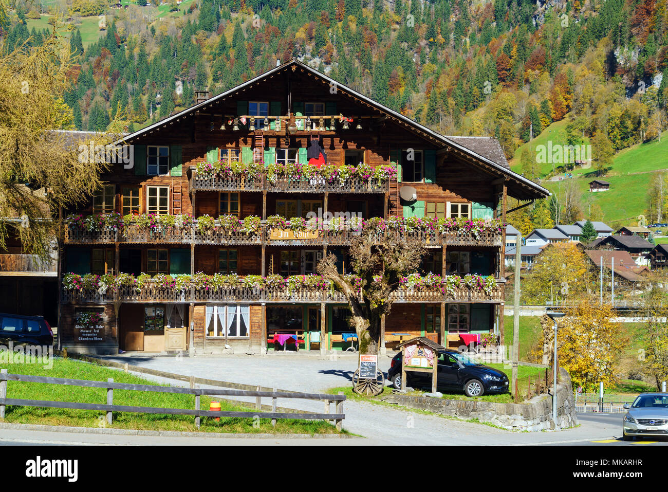 Lauterbrunnen, Switzerland - October 17, 2017: Traditional Chalet house ...