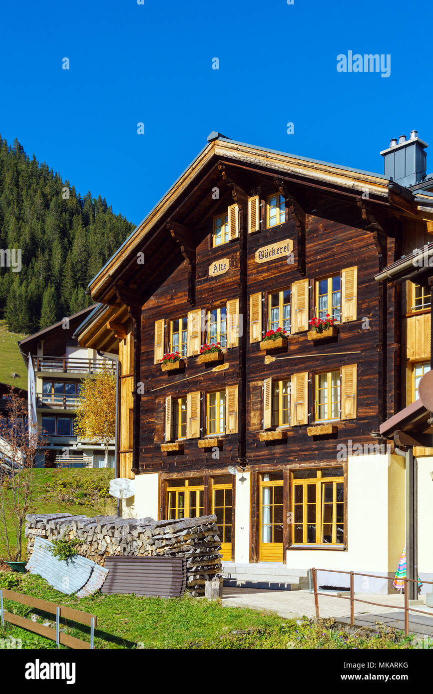 Murren, Switzerland - October 17, 2017: Traditional Chalet house and ...