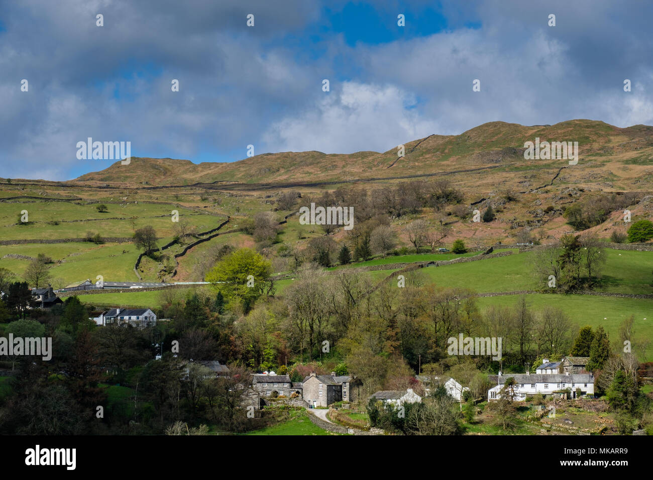 Troutbeck Village and Wansfell Pike, near Windermere, Lake District, Cumbria Stock Photo