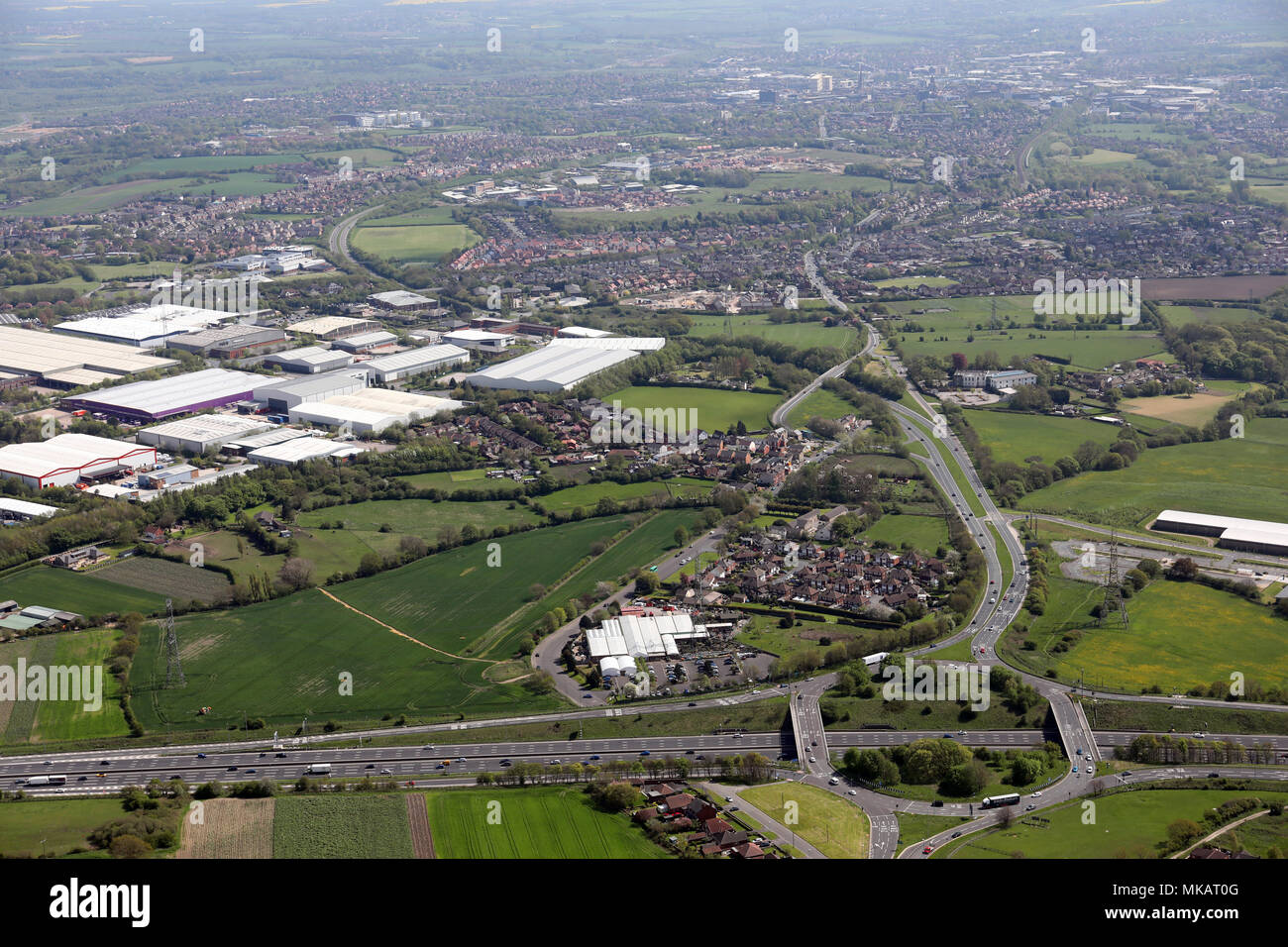 aerial view of the A650 road from junction 41 of the M1, running in to Wakefield, West Yorkshire Stock Photo