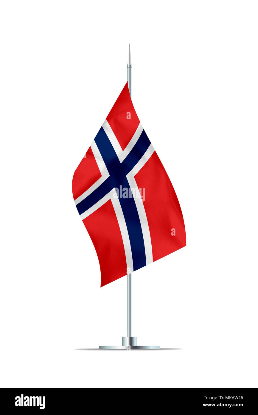 Small Norwegian flag  on a metal pole. The flag has nicely detailed textile texture. Isolated on white background. 3D rendering. Stock Photo
