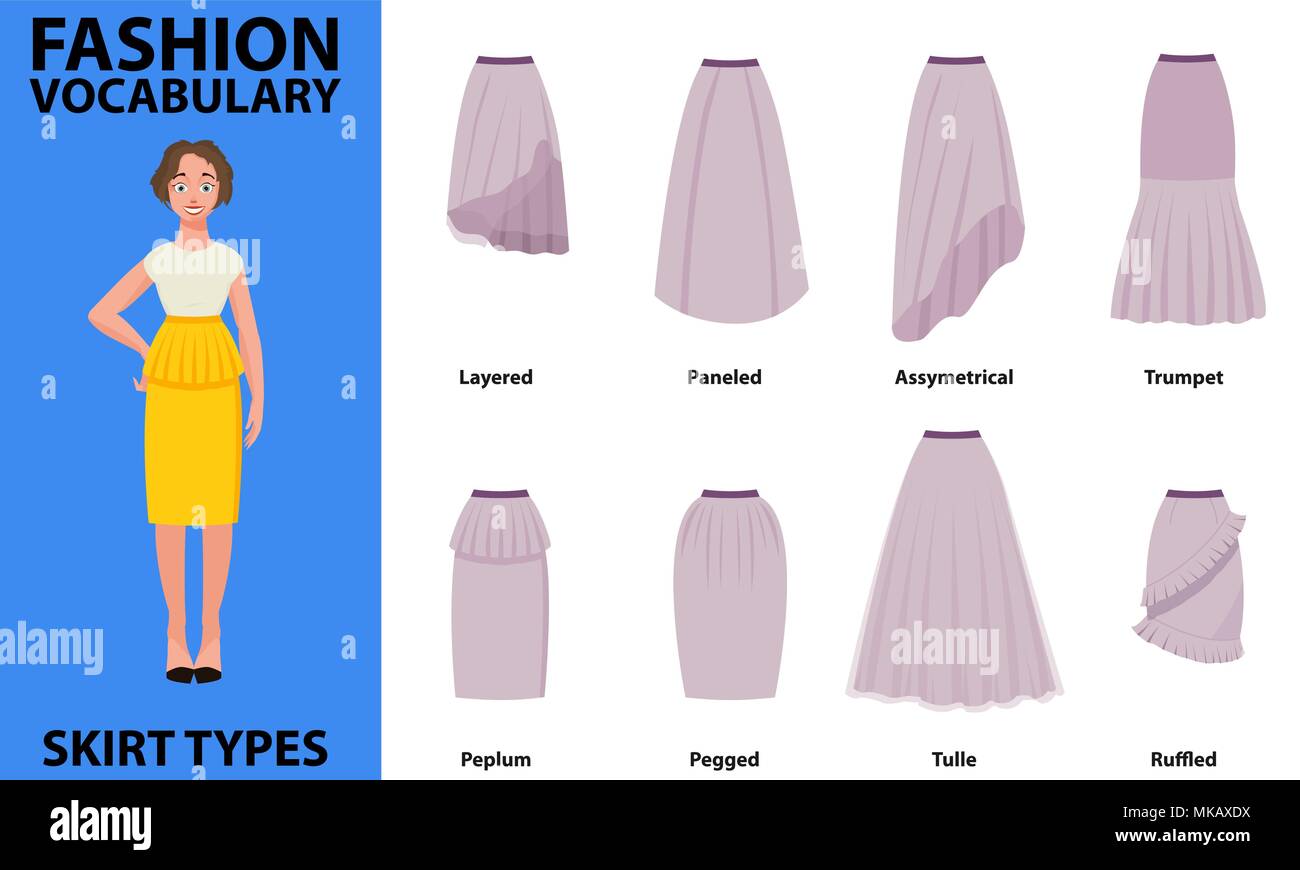 Skirt vocabulary collections of standard classic simple skirts. Many types of skirts sutable on vector nice vector model. Stock Vector