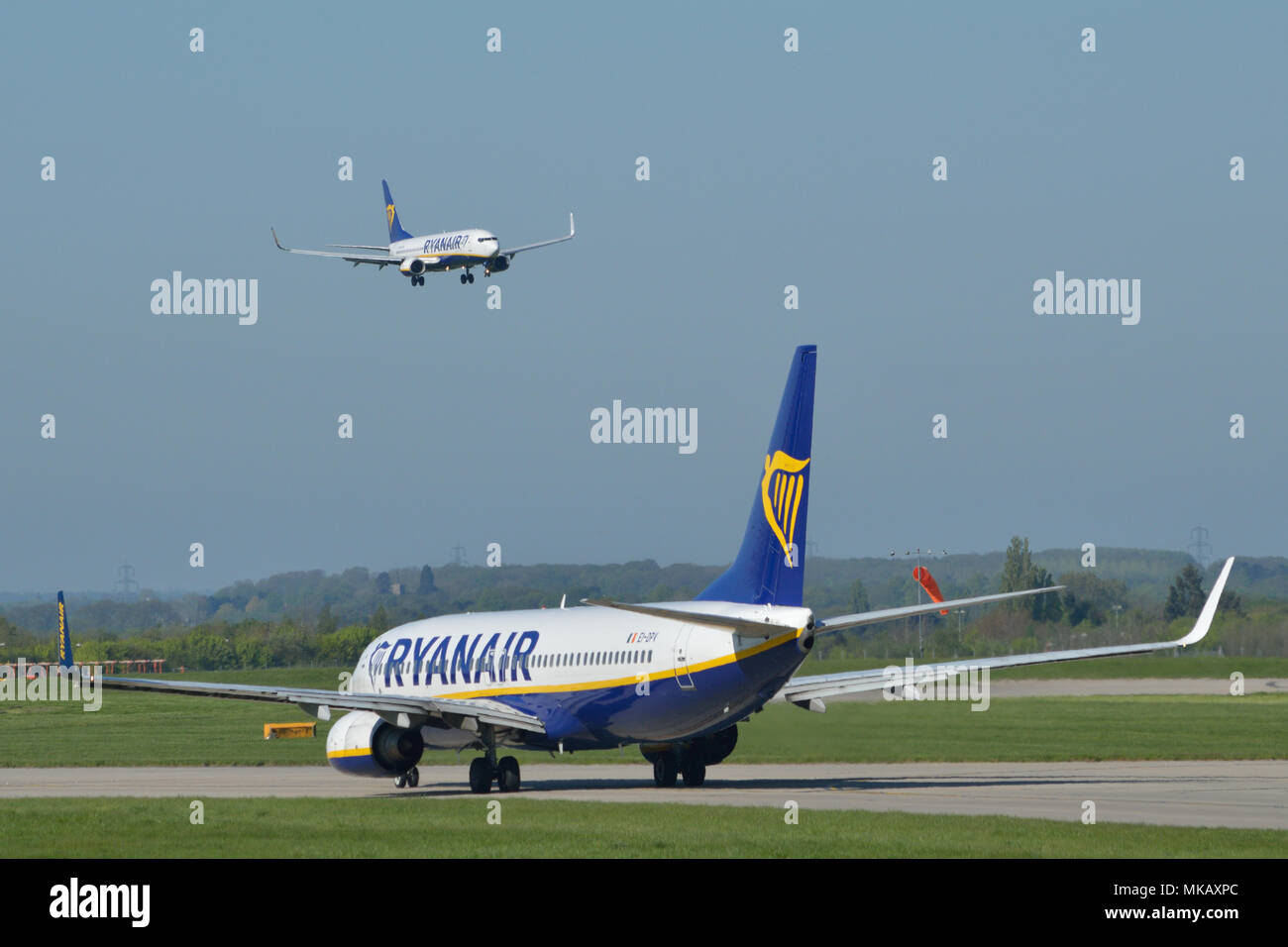 Two Ryanair aircraft at London Stansted Airport Stock Photo