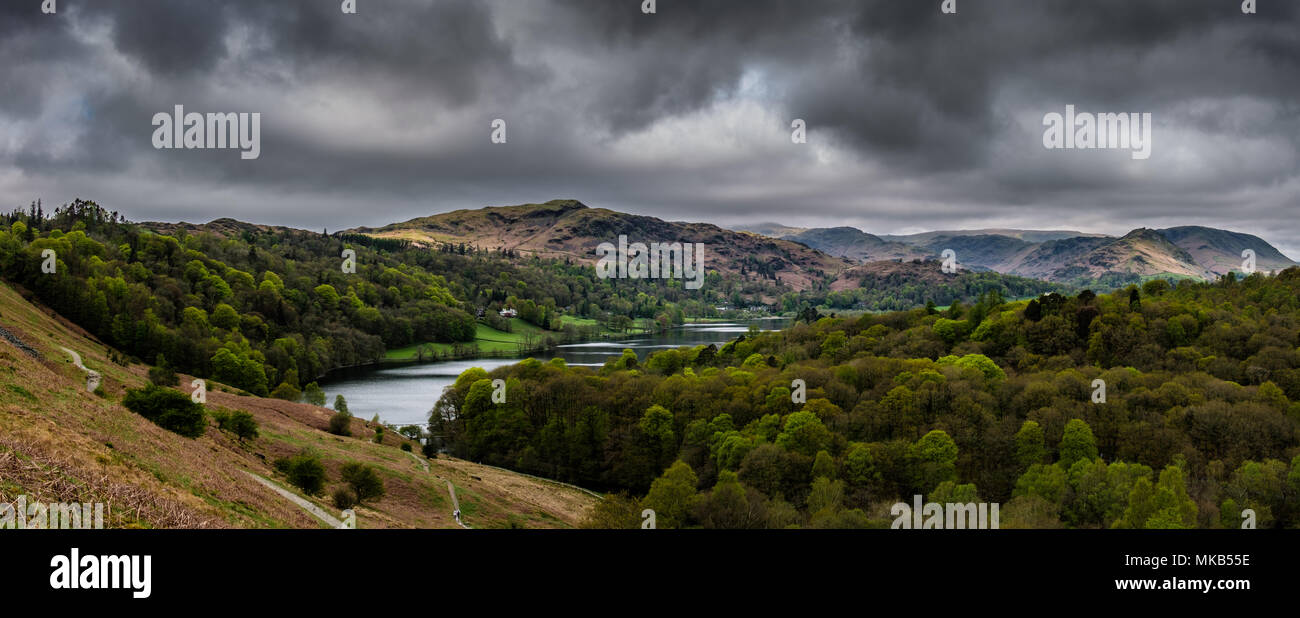 Silver Howe, Grasmere Common, Helm Crag and Grasmere seen from Loughrigg Terrace, Grasmere, Lake District, Cumbria Stock Photo