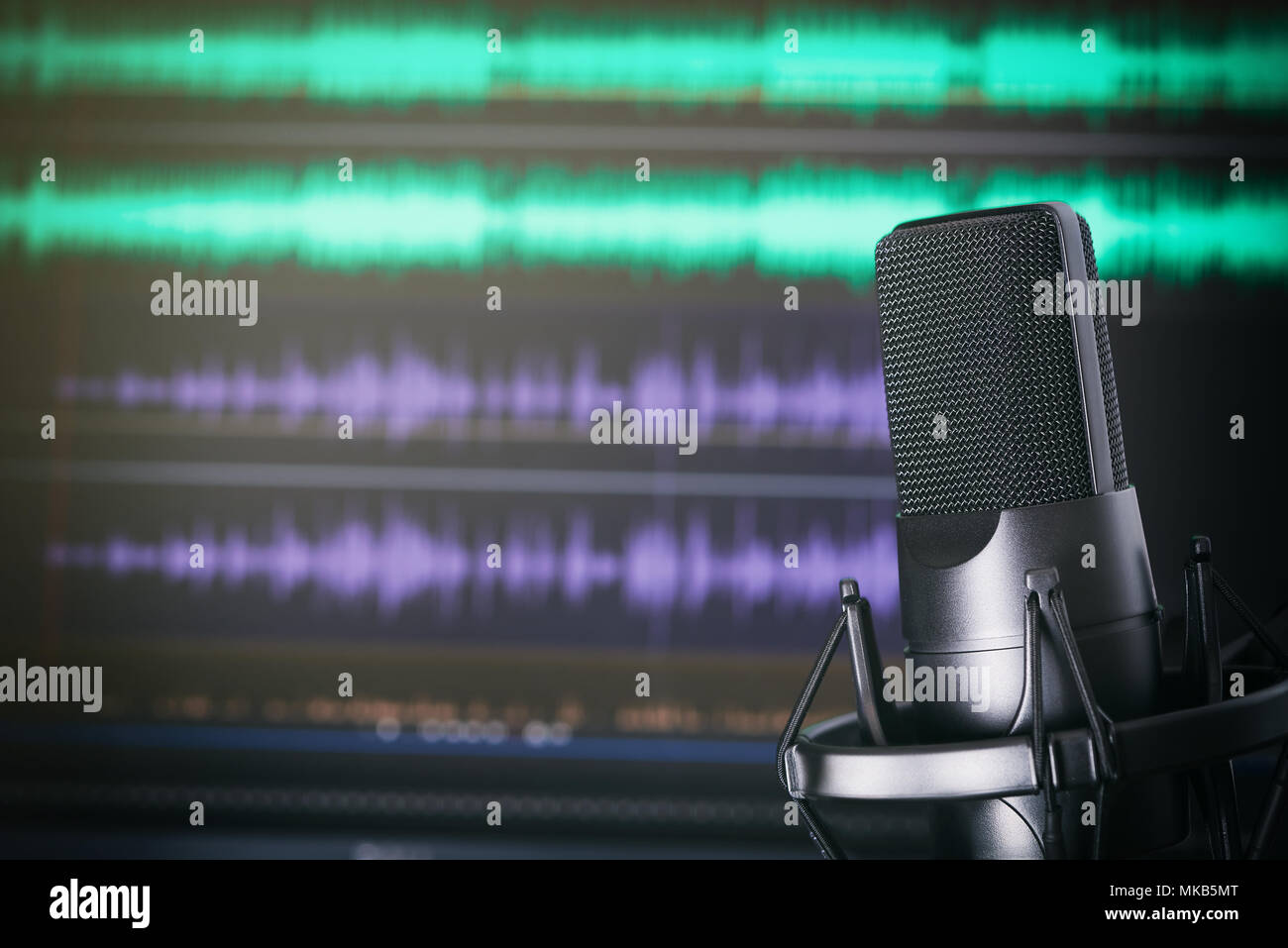 Podcast Studio. Microphone on stand. Music recording concept Stock Photo