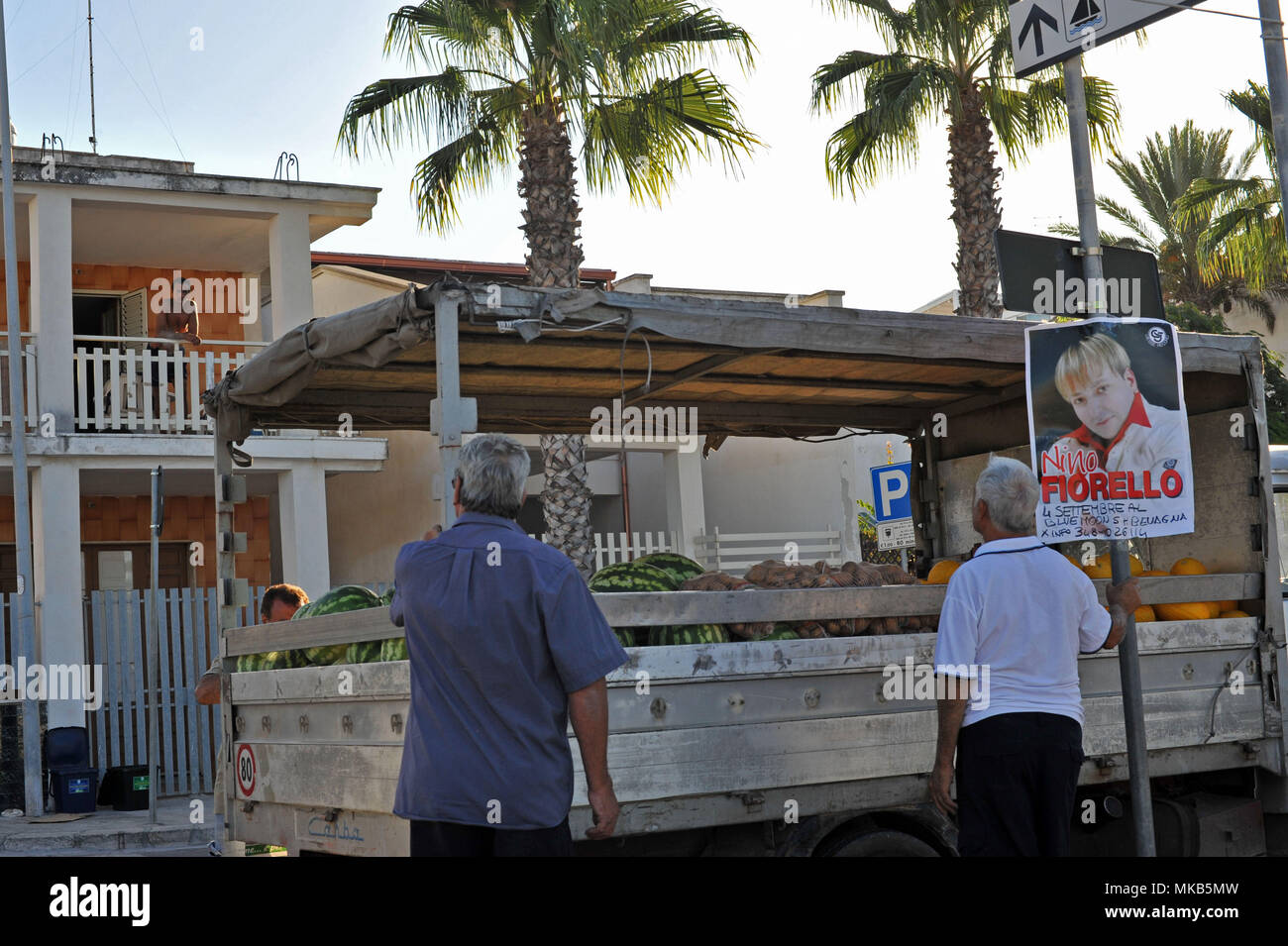 Porto Cesareo, itinerant vendor selling waremelon and potates. Italy Stock Photo