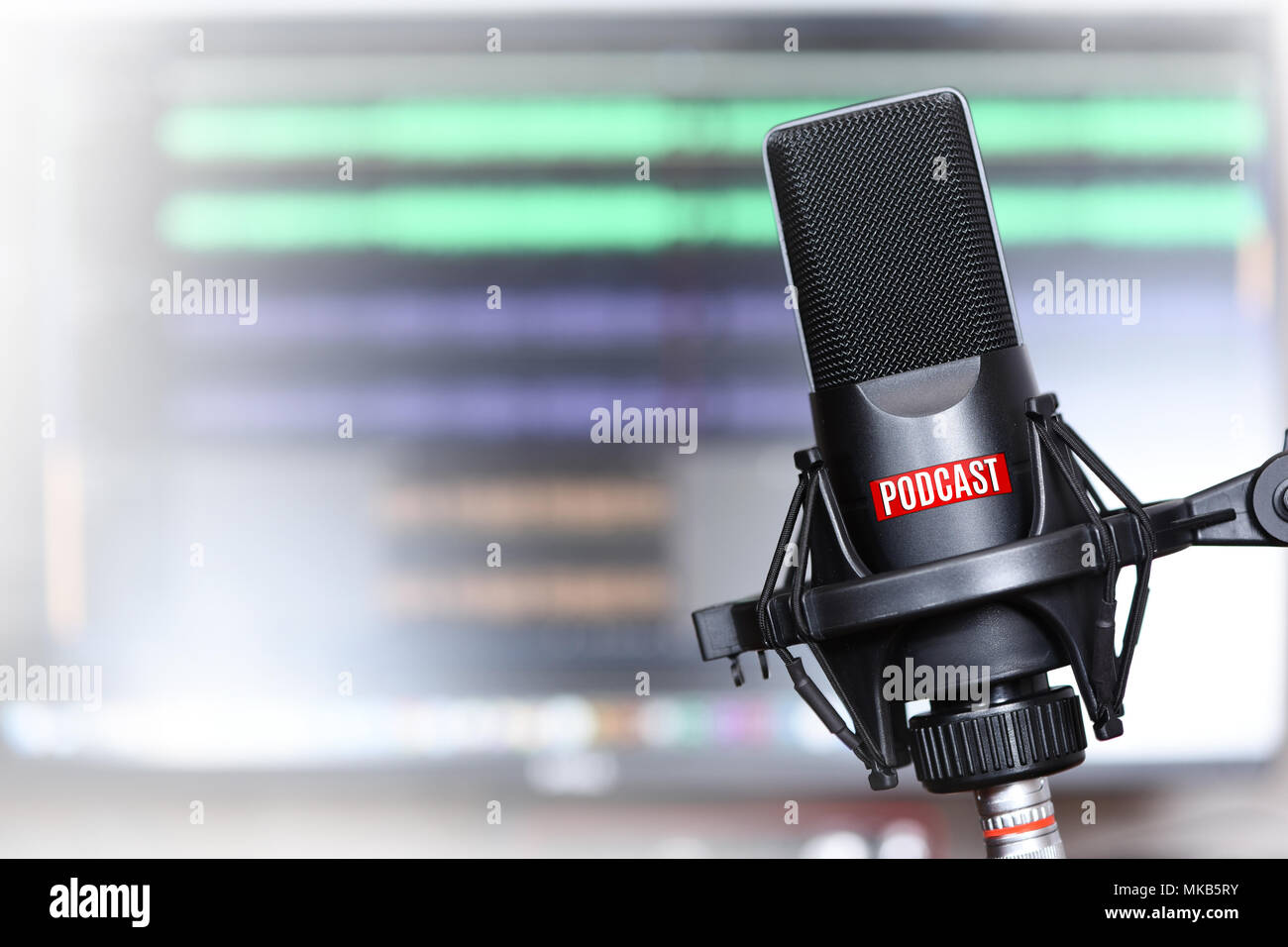 studio microphone with a podcast icon close up Stock Photo