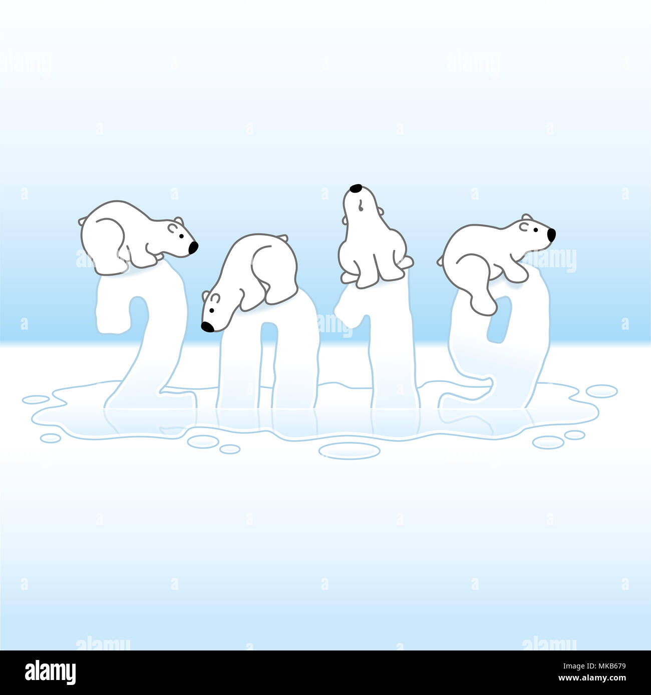 Four Cute Polar Bears Balancing on Melting New Year 2019 with Reflections in an Ice Cold Puddle Stock Photo