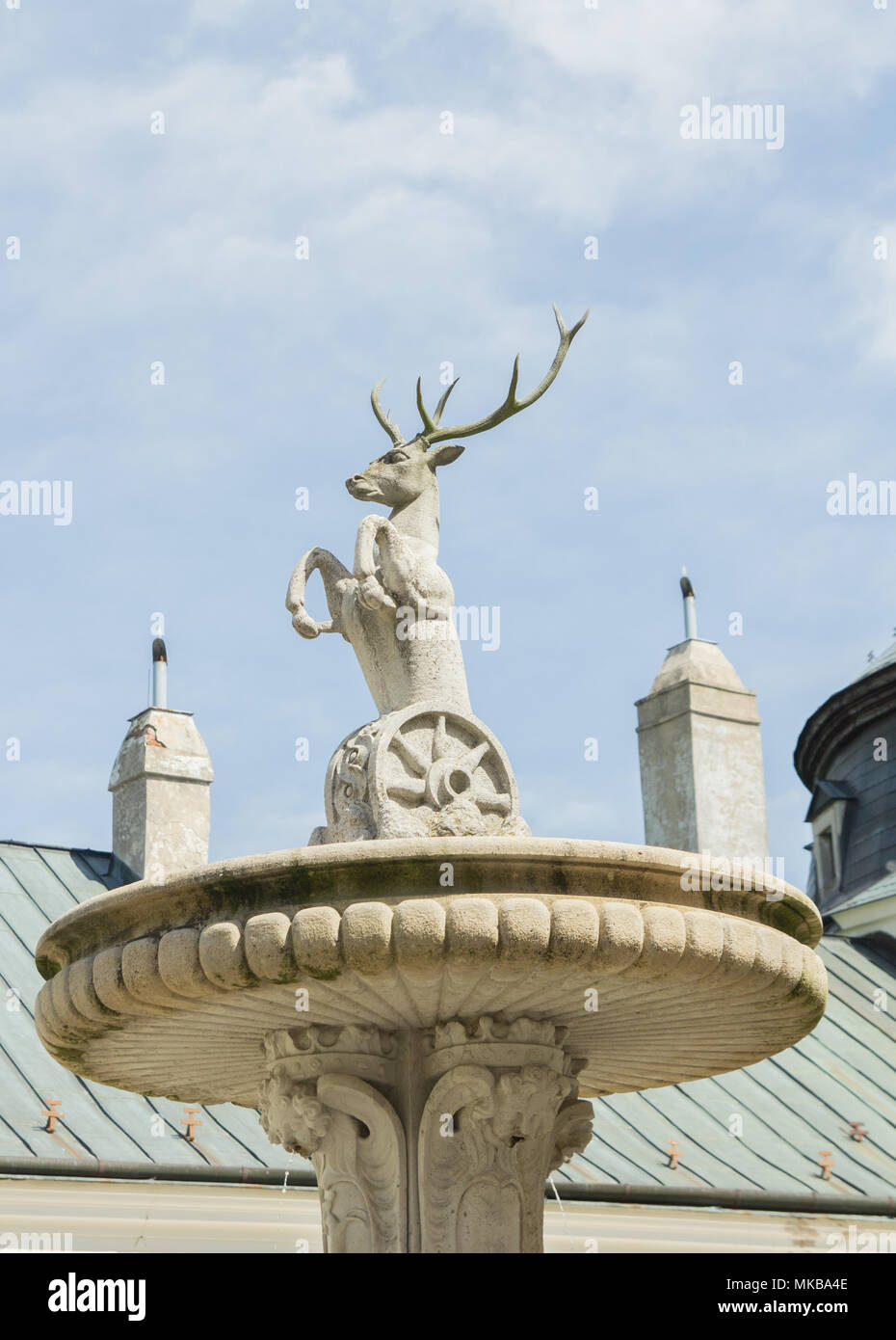 statue of deer symbol of Palfy family on Cerveny Kamen castle in Slovakia Stock Photo